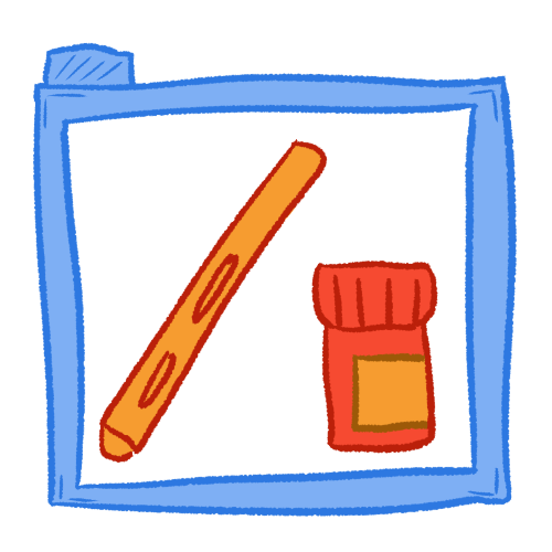 A digitally drawn image of an orange stylus pen and a red pill bottle inside of a blue folder.